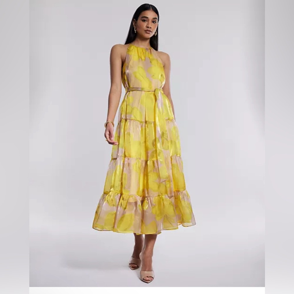Bcog New York Bright Shimmer Yellow Sleeveless Halter Tiered
Maxi Dress Sz M